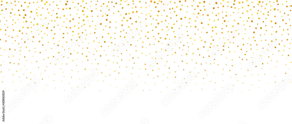 Golden falling confetti background. Repeating gold glitter pattern. Yellow, orange and golden dots wallpaper. Celebration party decoration. Vector backdrop 