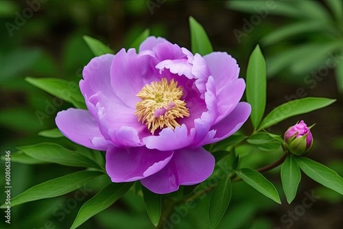 close-up view of a purple flower with green leaves Generative AI