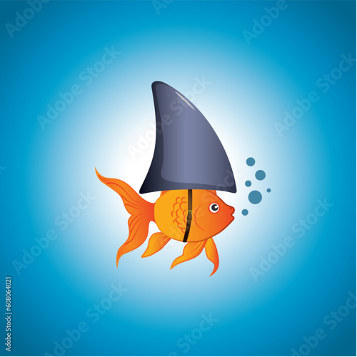 A cute little goldfish wearing a shark fin to scare predators away. Editable vector illustration.