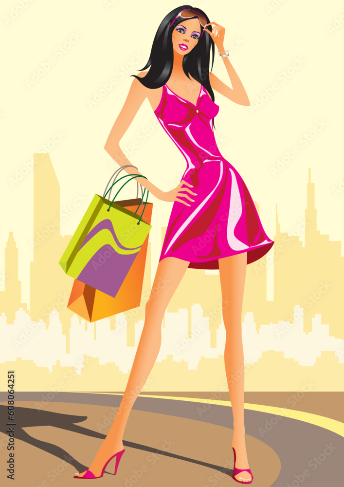fashion shopping girls with shopping bag - vector illustration fashion shopping girls with shopping bag - vector illustration
