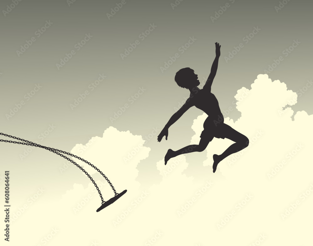 Editable vector silhouette of a young boy leaping off a swing