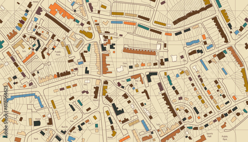 Colorful editable vector illustrated map of housing in a generic town