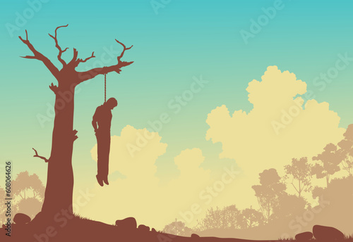 Editable vector silhouette of a man hanged from a dead tree