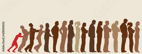 Queue of editable vector people silhouettes with impatient boy pushing them like dominoes