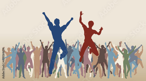 Colorful editable vector illustration of people jumping in celebration