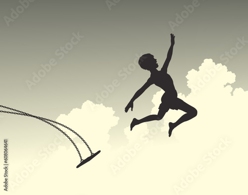 Editable vector silhouette of a young boy leaping off a swing