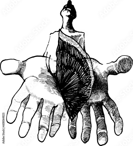 Illustration of man with butterfly on his hands