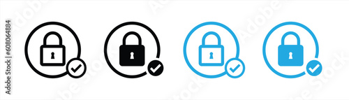 padlock with check mark icon set. protection success icon symbol sign collections, vector illustration photo
