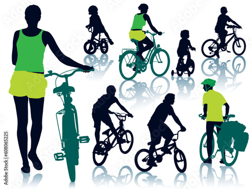 Collection of silhouettes of cycling people. Vector illustration.