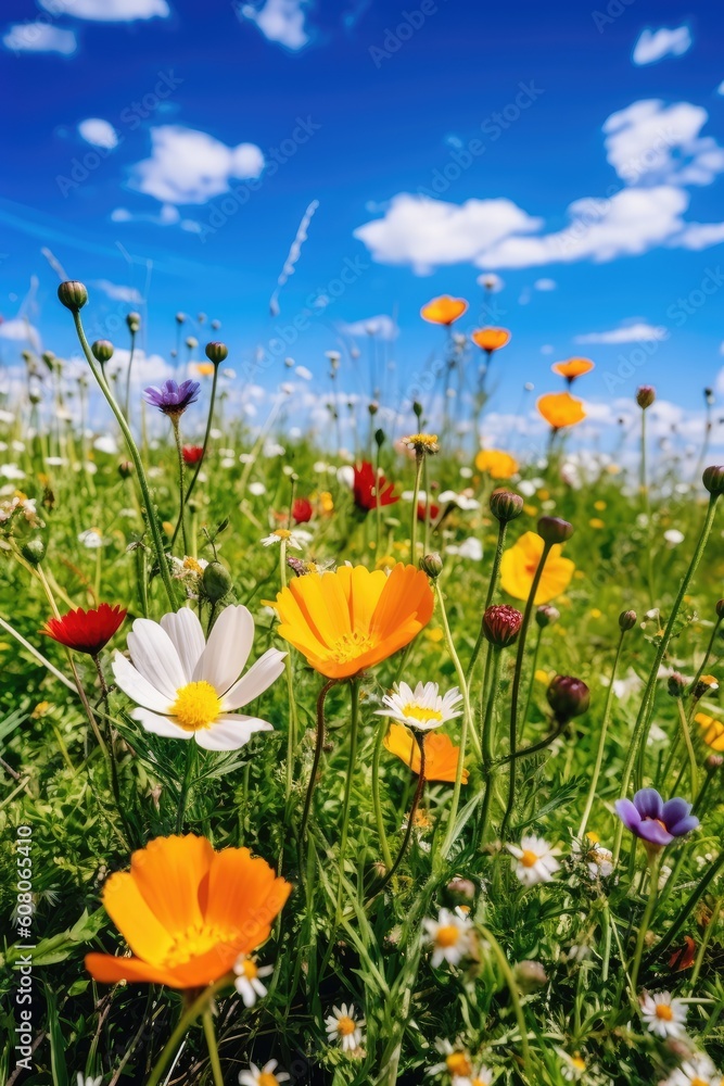 Obraz premium Colorful spring flowers on a field under a blue sky. Generative AI