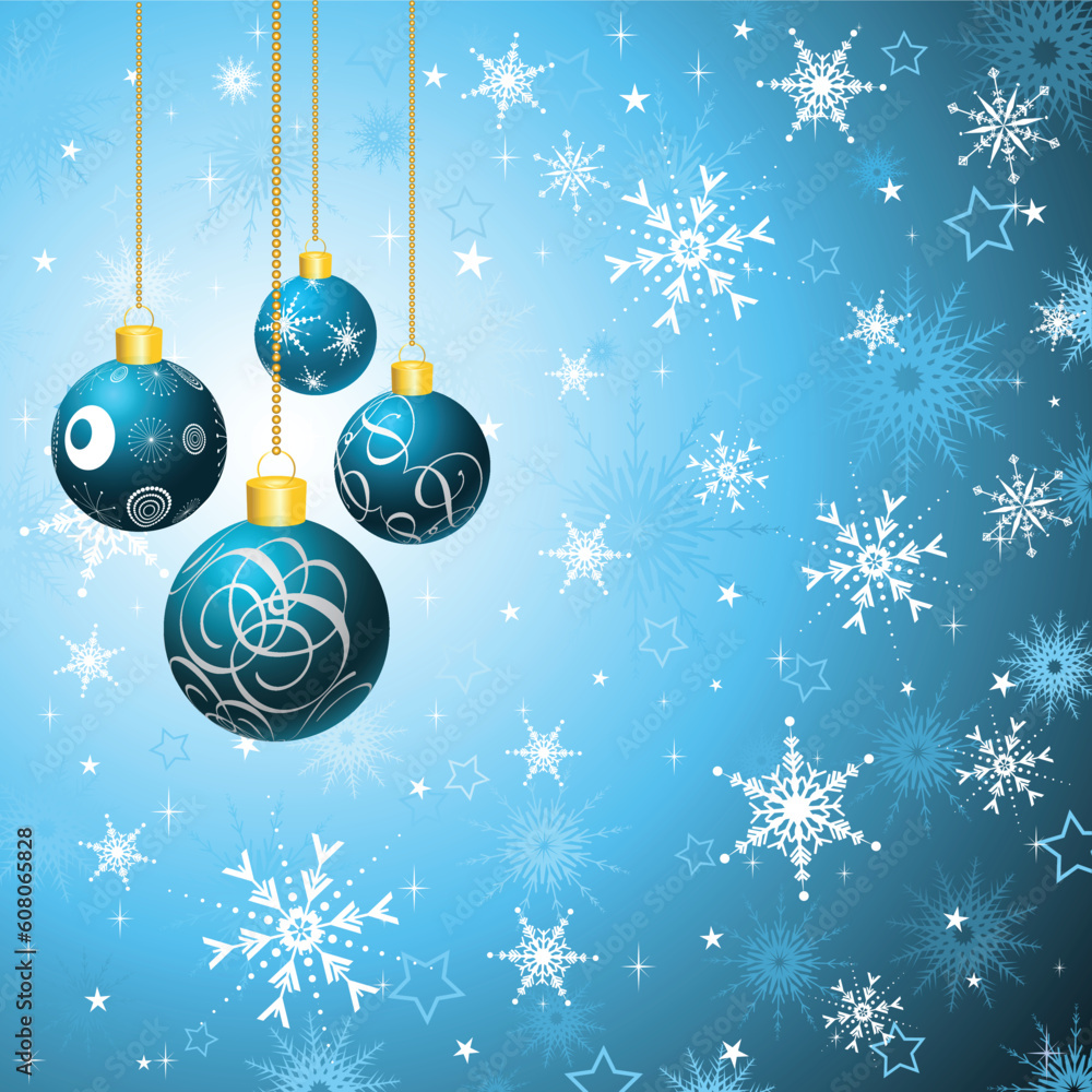 Hanging Christmas baubles on a snowflake background