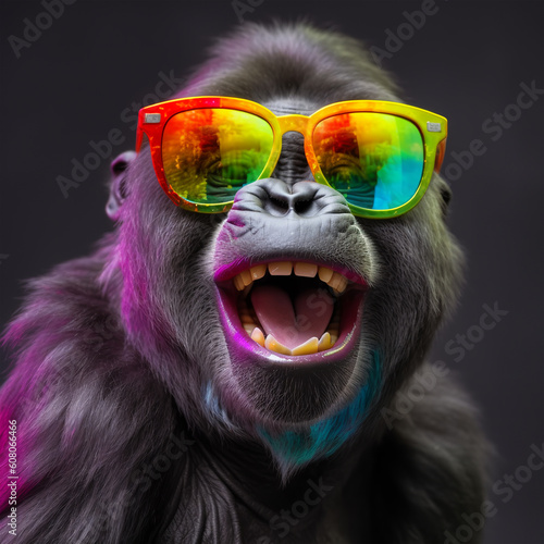 close up portrait of gorilla wearing glasses. with a festive concept. generative ai © neng kokom komala