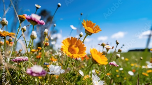 Colorful spring flowers on a field under a blue sky. Generative AI © piai