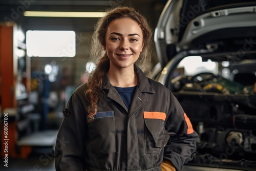 Portrait female mechanic smiling confident on the workshop AI Generative © Tebha Workspace