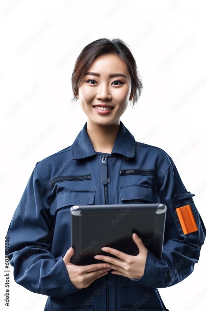 Portrait female mechanic smiling confident isolated on white AI Generative Portrait female mechanic smiling confident isolated on white AI Generative