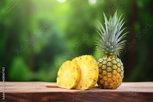 pineapple with pineapple slices on wood background with green nature background