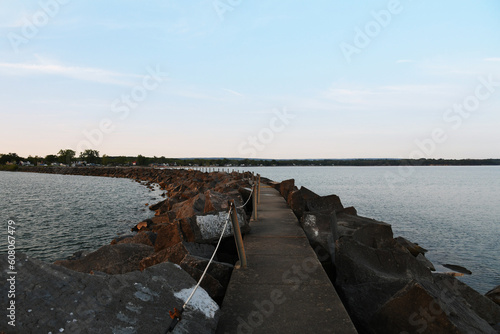 Breakwall looking back at shoreline, Upstate New York, Lake Erie, Sunset Bay, Cattaraugus Creek,  photo