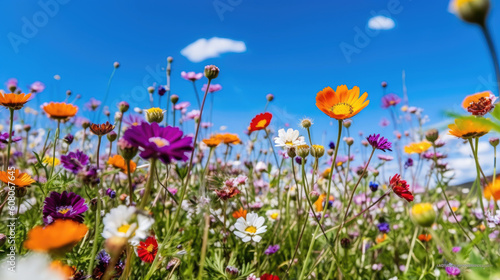 Colorful spring flowers on a field under a blue sky. Generative AI