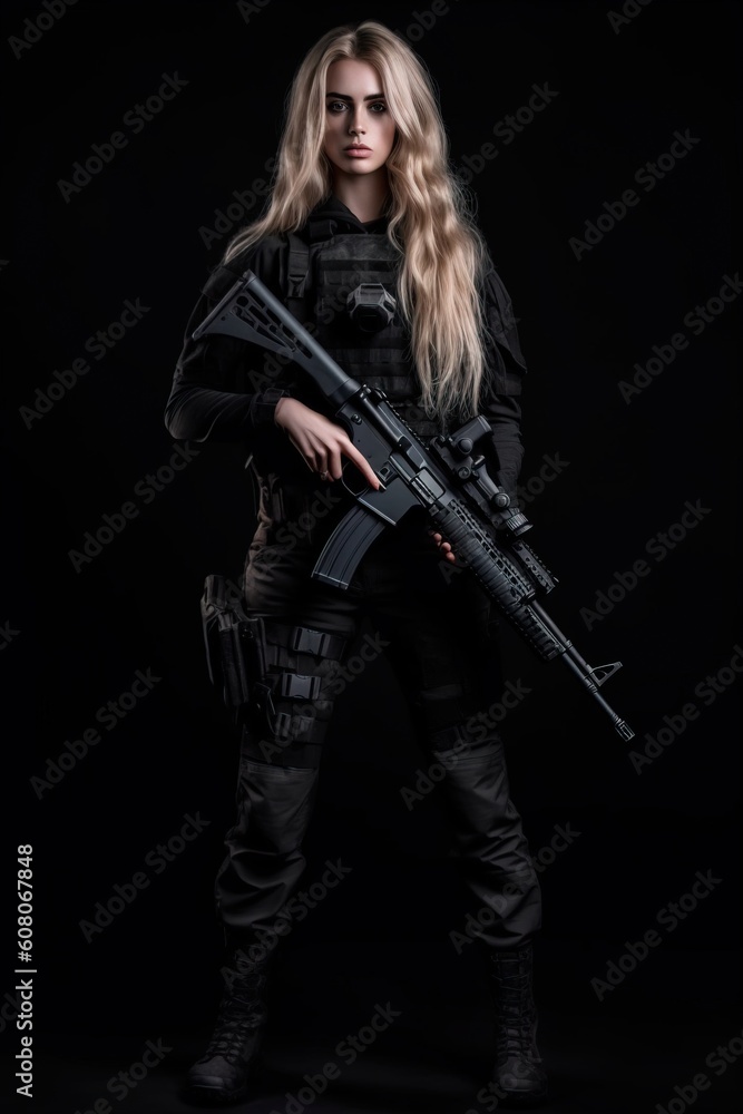 Portrait woman soldier holding guns standing confident AI Generative Portrait woman soldier holding guns standing confident AI Generative