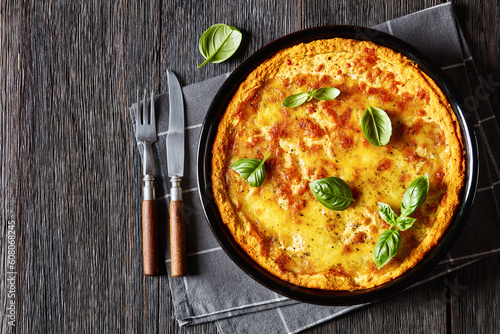 upside down pizza in baking dish  top view