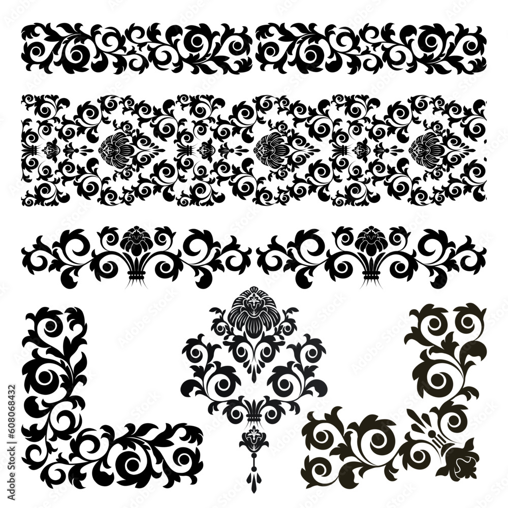 Set of floral design elements on the white background