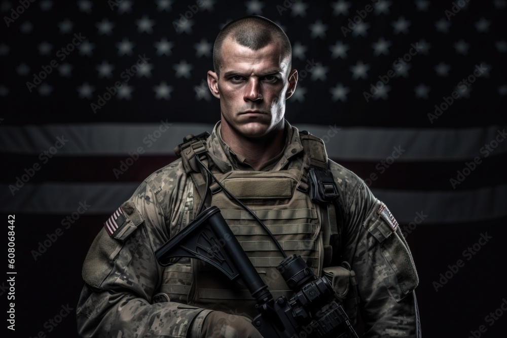 Portrait soldier holding guns standing confident AI Generative