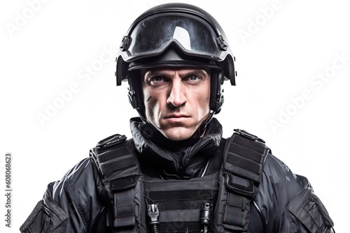 Portrait soldier wearing helmet isolated on white AI Generative