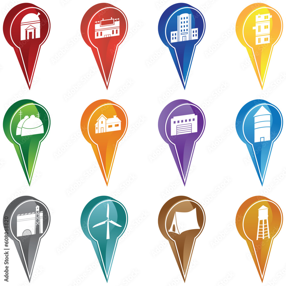 Set of 12 3D building icons used as marking points. Set of 12 3D building icons used as marking points.