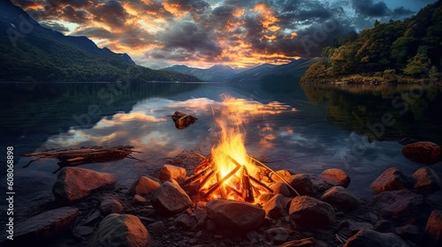Glowing campfire by the lake. Sunset with open flames, fire, and logs. Camping on the beach at night. Serene lake landscape. © Fox Ave Designs