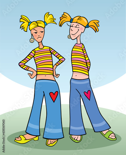 cartoon illustration of teen girl and her copy friend