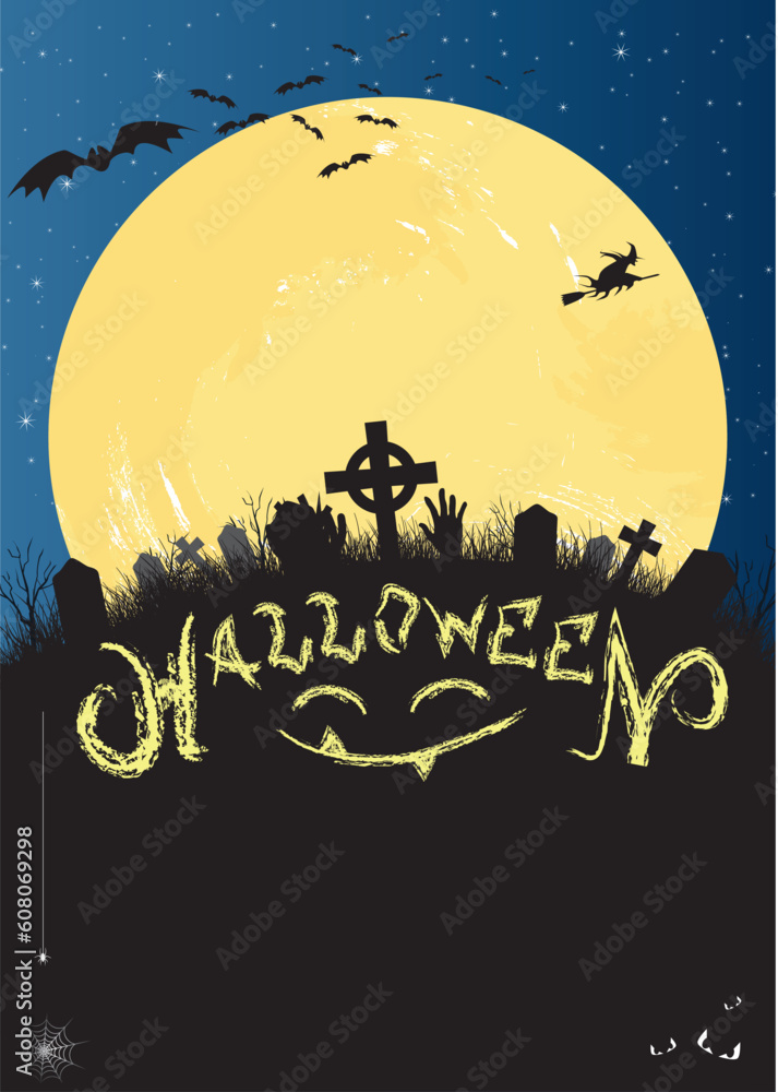 Halloween invitation or card in blue and black with cemetery, bats, witch and big moon and mosnter smile
