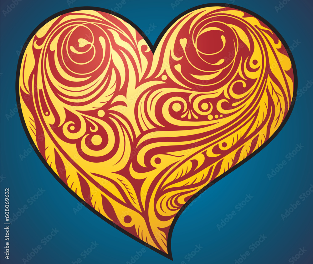 Symbol heart decorated by pattern. Vector image, complimentary postcard.