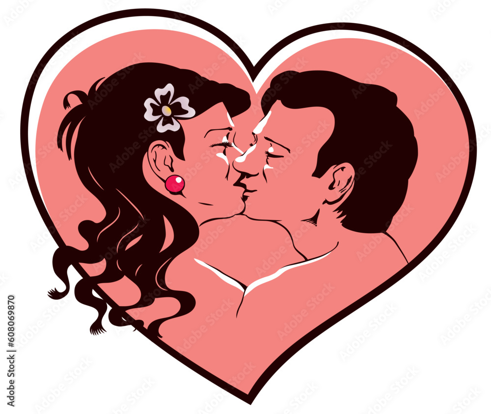 Vector image kissing pairs on background heart
