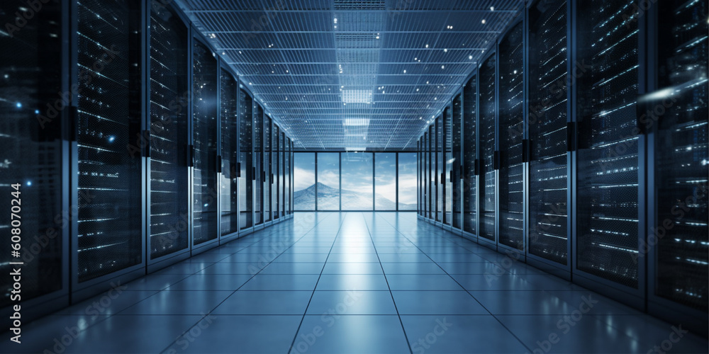 Fototapeta premium Server racks interior in datacenter Generated Ai