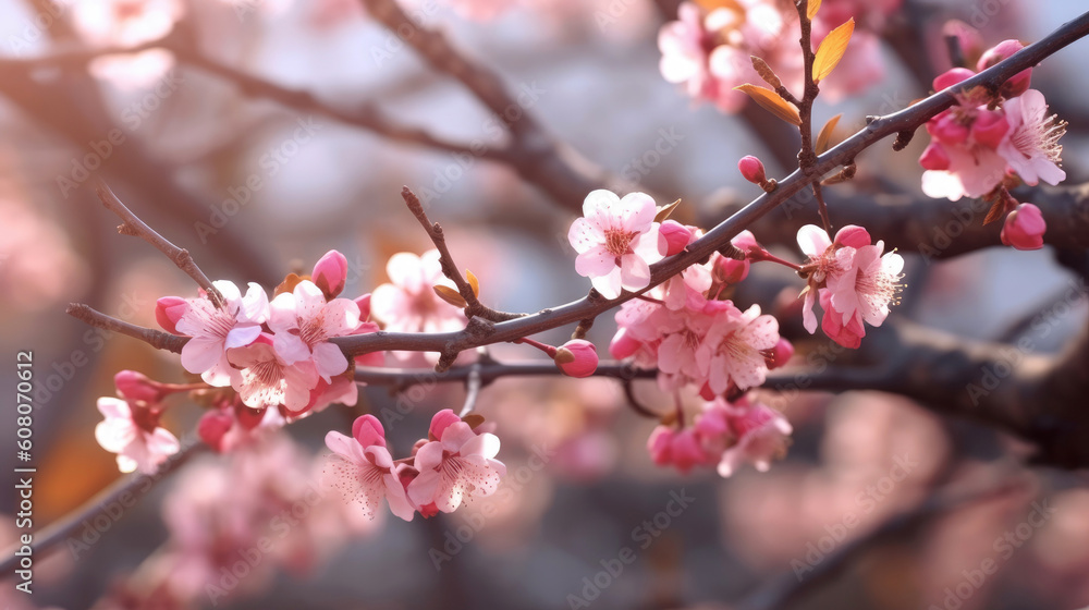 Beautiful peach tree flowers in spring. Delicate pink flowers on a branch in the garden. Generative AI Beautiful peach tree flowers in spring. Delicate pink flowers on a branch in the garden. Generative AI
