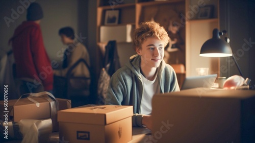 A freshman, a college student, moves into a new room on campus, surrounded by unpacked boxes, smiling. Generative AI.