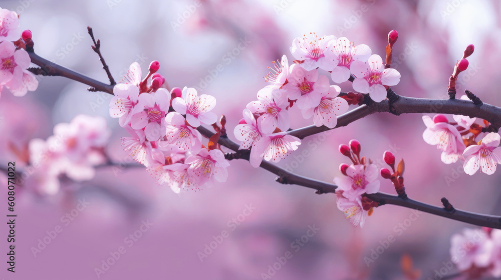 Beautiful peach tree flowers in spring. Delicate pink flowers on a branch in the garden. Generative AI Beautiful peach tree flowers in spring. Delicate pink flowers on a branch in the garden. Generative AI