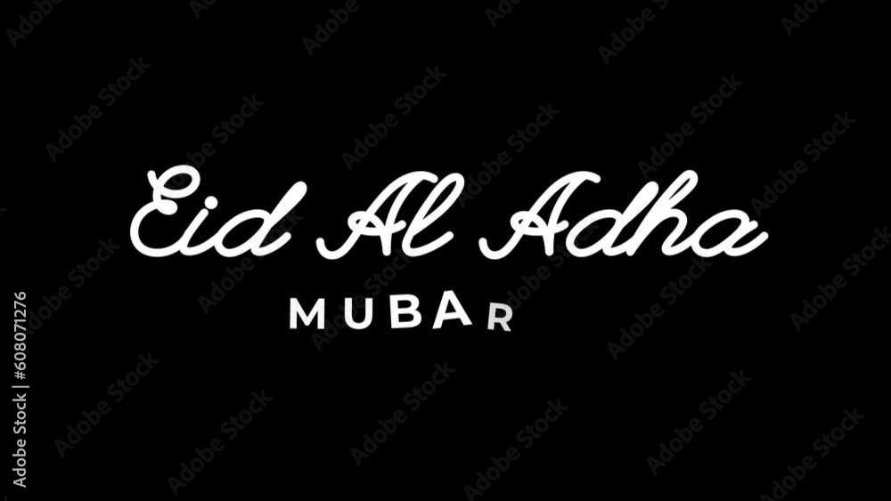 Eid Al Adha Mubarak text animation in white color alpha channel. Great for video introduction 4K Footage and use as a card for the celebration of Eid Al Adha in Muslim community. Eid Al Adha Mubarak text animation in white color alpha channel. Great for video introduction 4K Footage and use as a card for the celebration of Eid Al Adha in Muslim community.