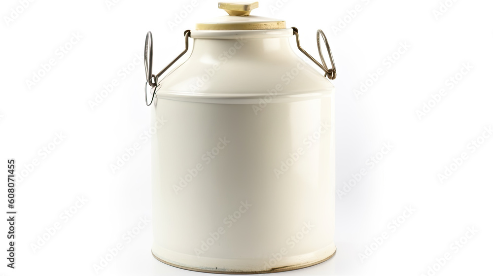 An old metal milk can isolated on a white background. Generative AI