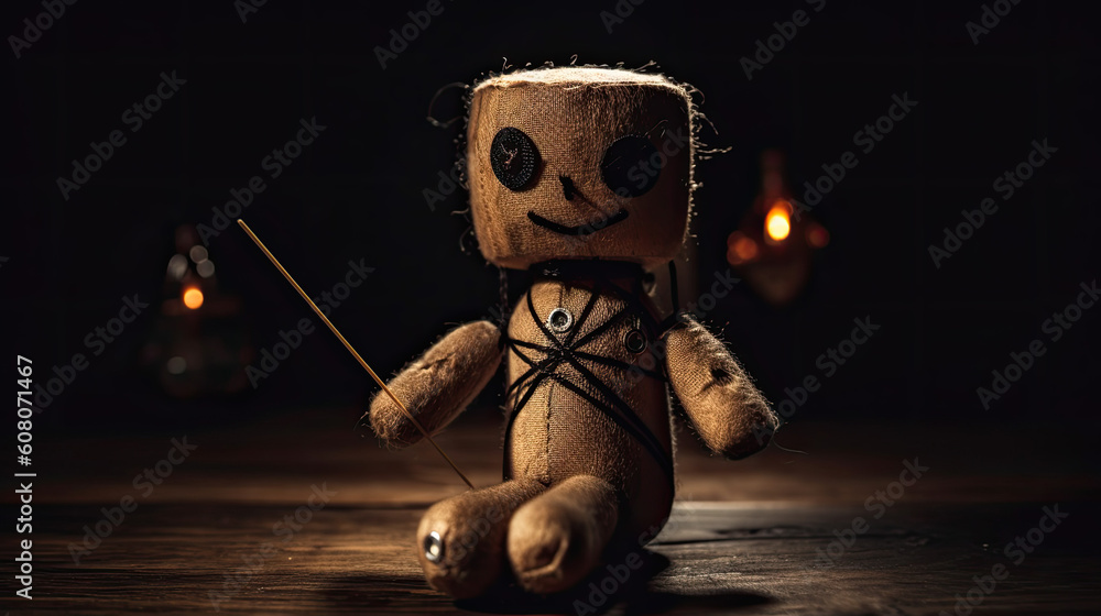 an old voodoo doll on a wooden table with black background. Generative AI an old voodoo doll on a wooden table with black background. Generative AI
