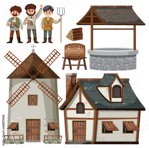 Set of medieval house and object cartoon