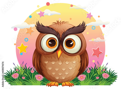 Cute owl cartoon character at the garden cartoon
