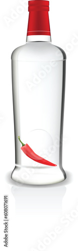 Bottle of vodka with red chili pepper inside. Vector illustration.
