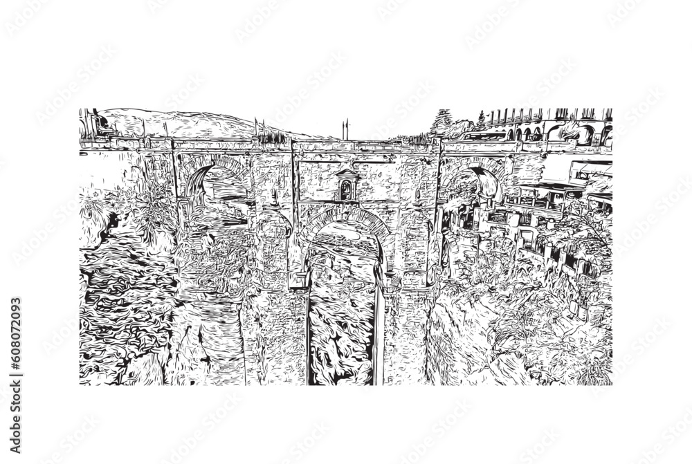 Obraz premium Building view with landmark of Ronda is a city in Spain. Hand drawn sketch illustration in vector.