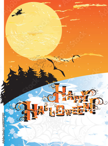 Halloween card with stars, moon, forest, witch and bats, and copy space. EPS 8