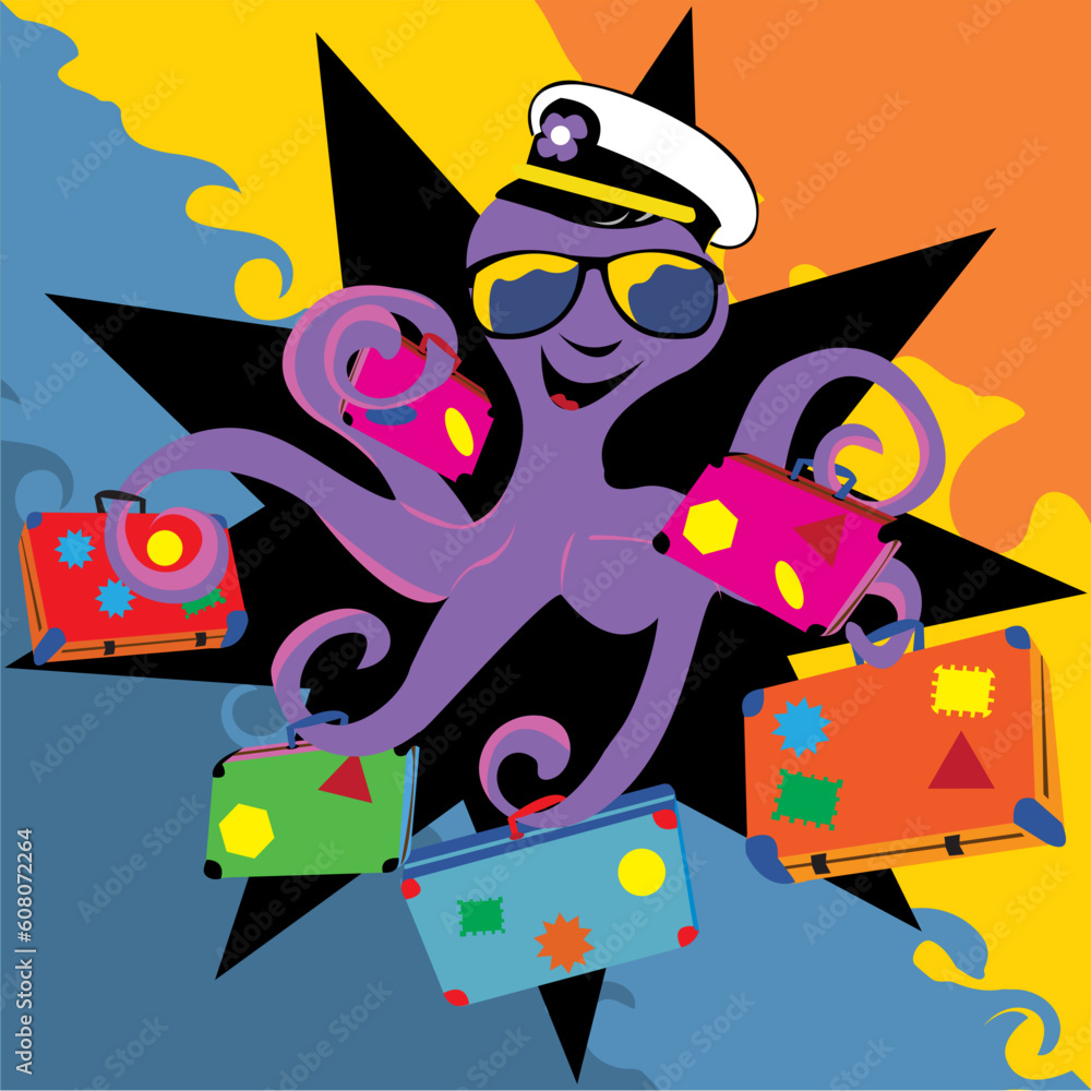 Abstract vector illustration of a smiling octopus with his sunglasses and a captain hat, holding suitcases. Abstract vector illustration of a smiling octopus with his sunglasses and a captain hat, holding suitcases.