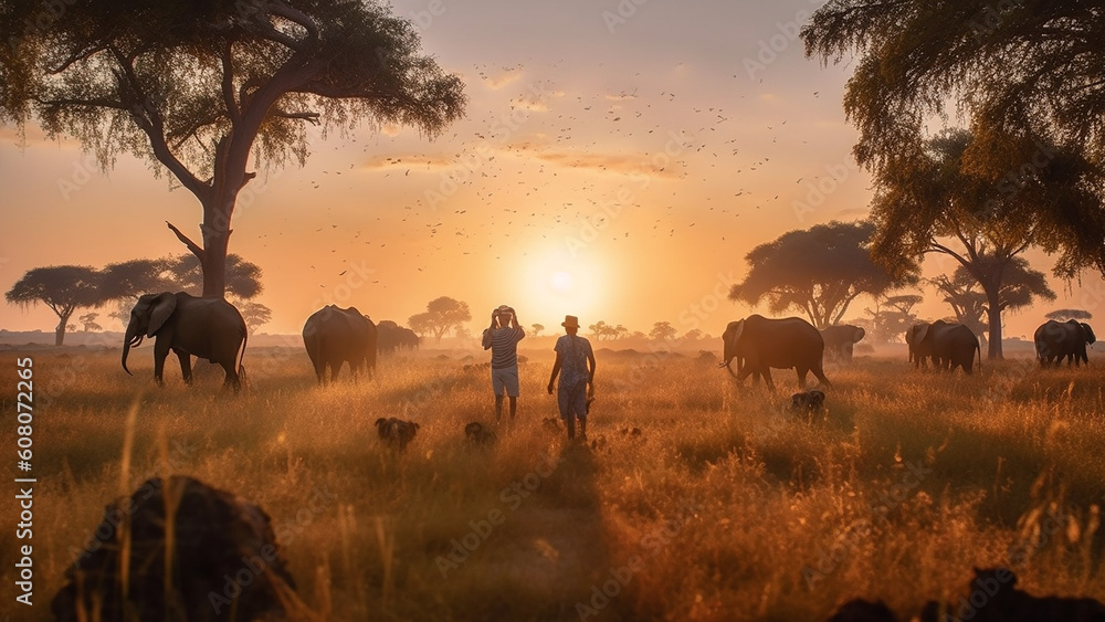 the sprawling savannah with roaming herds of wildlife and an iconic acacia tree, golden hour,  a warm and panoramic breath-taking nature, 4k, generative AI