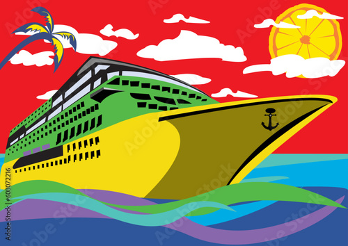 Abstract vector illustration of a cruise ship with a palm, clouds above it and a lemon instead of the sun. Image in is pop-art style.