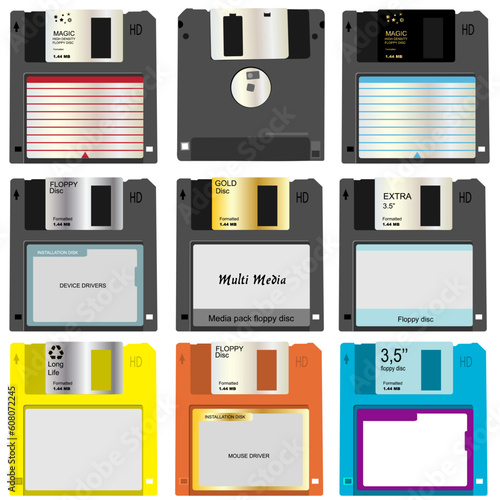 Realistic Vector illustration of nine different floppy discs.