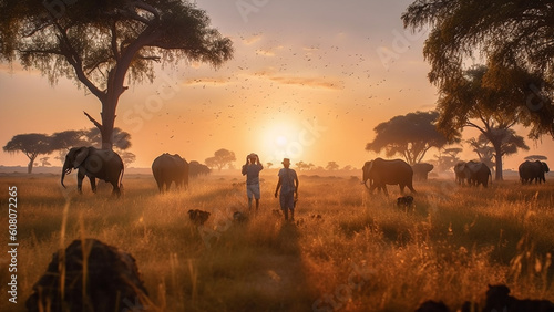  the sprawling savannah with roaming herds of wildlife and an iconic acacia tree, golden hour, a warm and panoramic breath-taking nature, 4k, generative AI